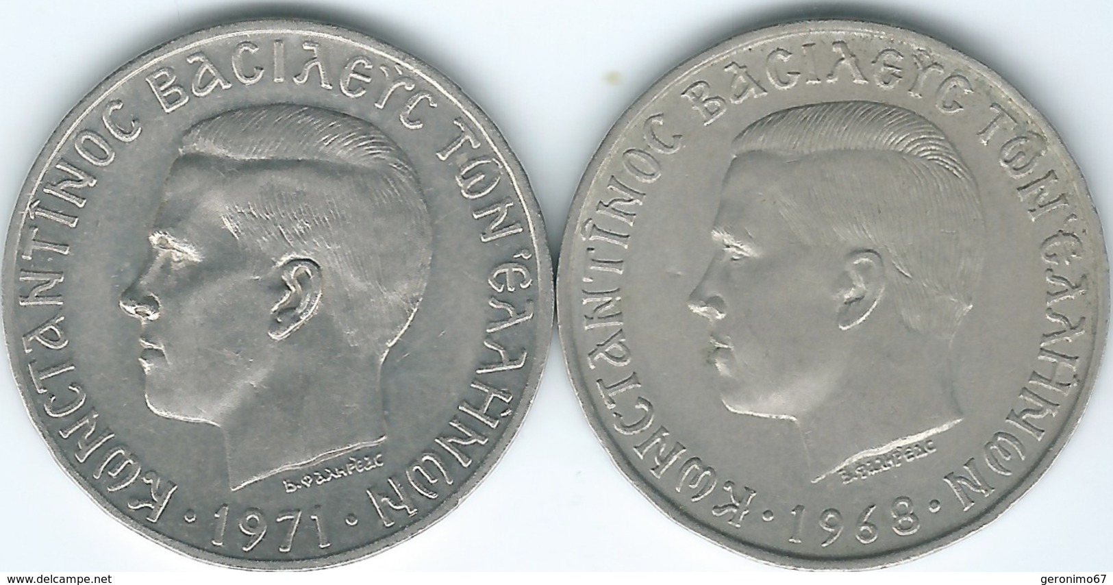 Greece - Constantine II - 10 Drachmai - 1968 (KM96) & 1971 - Year Of The Colonels (KM101) - Greece