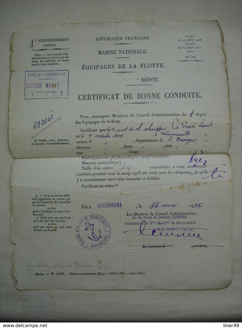 CROISEUR CUIRASSE MARSEILLAISE Livret De Solde Matelot+certificats + Photo En 1925 - Boats