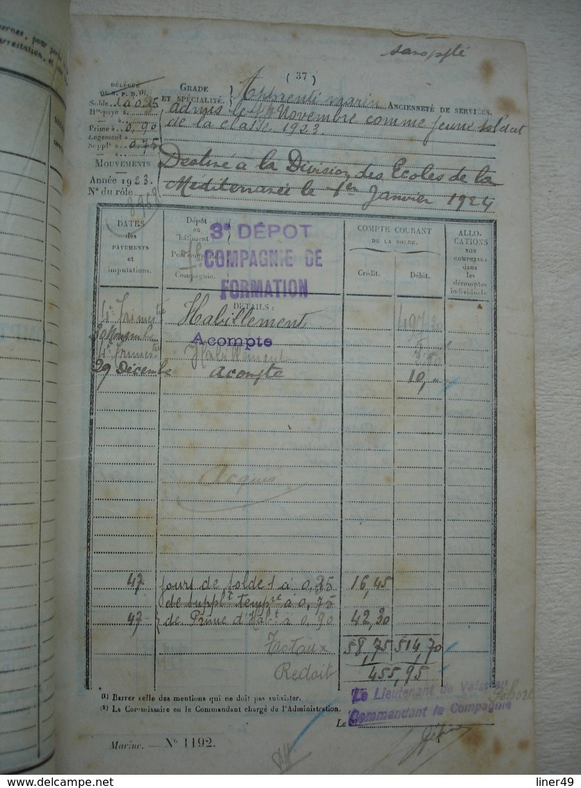 CROISEUR CUIRASSE MARSEILLAISE livret de solde matelot+certificats + photo en 1925