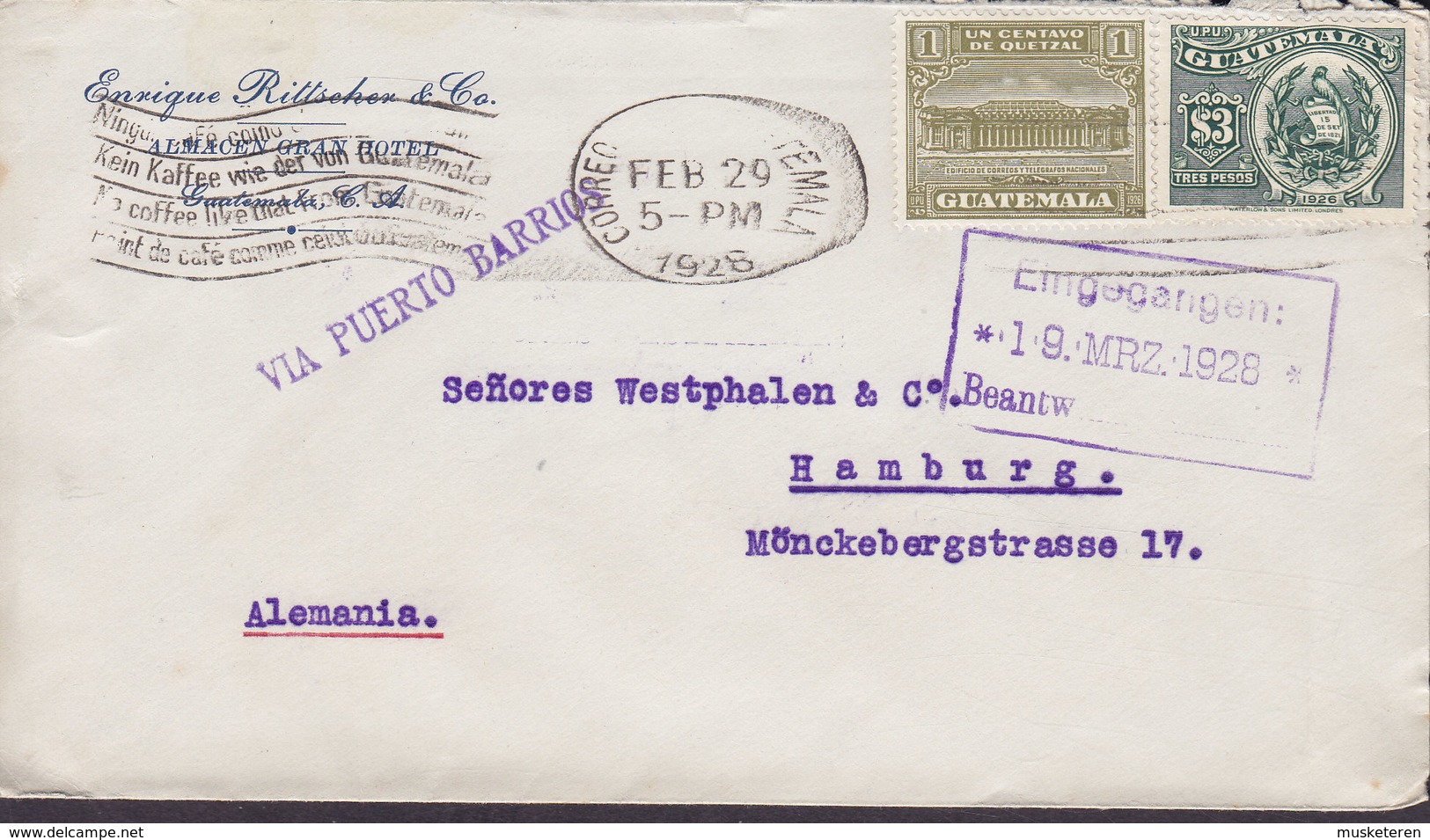 ENRIQUE RITTSEHER & Co, ALMACEN GRAN HOTEL 'Coffee Kaffee' GUATEMALA 1928 Cover Letra Via PUERTO BARRIOS Purple Line Cds - Guatemala