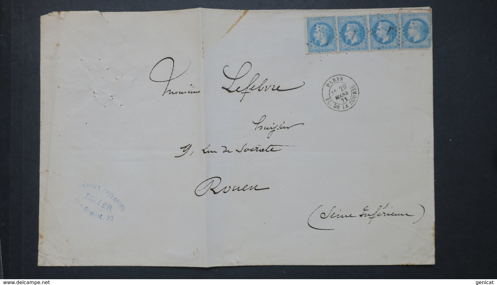 Lettre De Pars Etoile 1 Affr. Napoleon N° 29 X 4 Pour Lettre Grand Format Mars 1871 Pour Rouen - 1849-1876: Période Classique