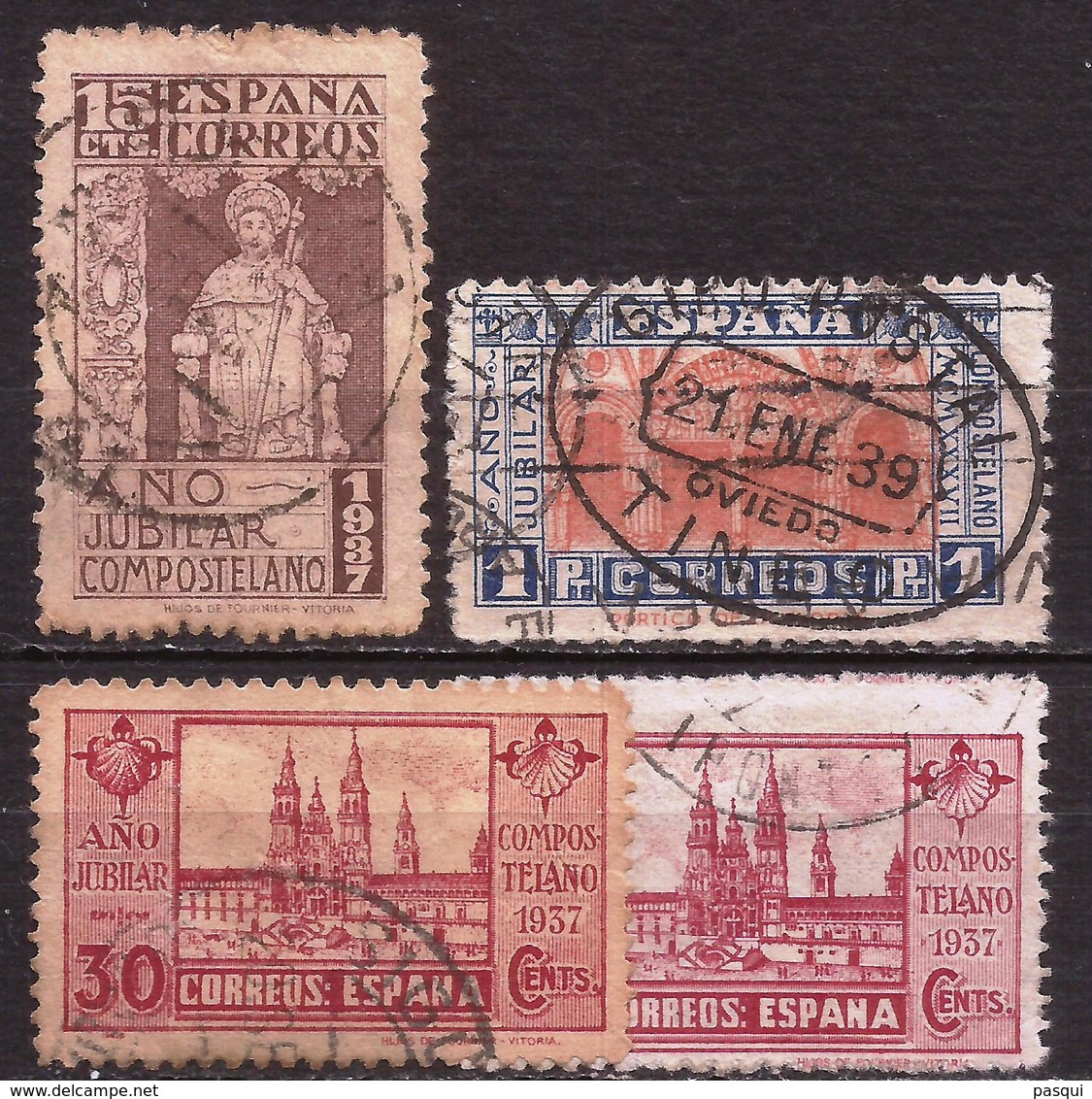 España - Fx. 3507 - Yv. 594/6 + 595a - Año Santo Compostelano - 1937 - Ø - Usados