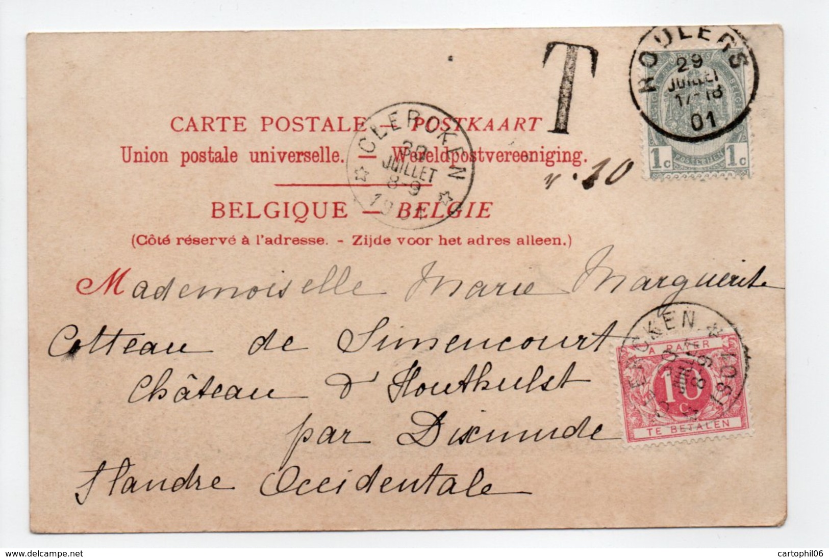 - Carte Postale ROULERS Pour Château D'HOUTHULST Via CLERCKEN 29.7.1901 - TAXÉE 10 C. - A ETUDIER - - Otros & Sin Clasificación