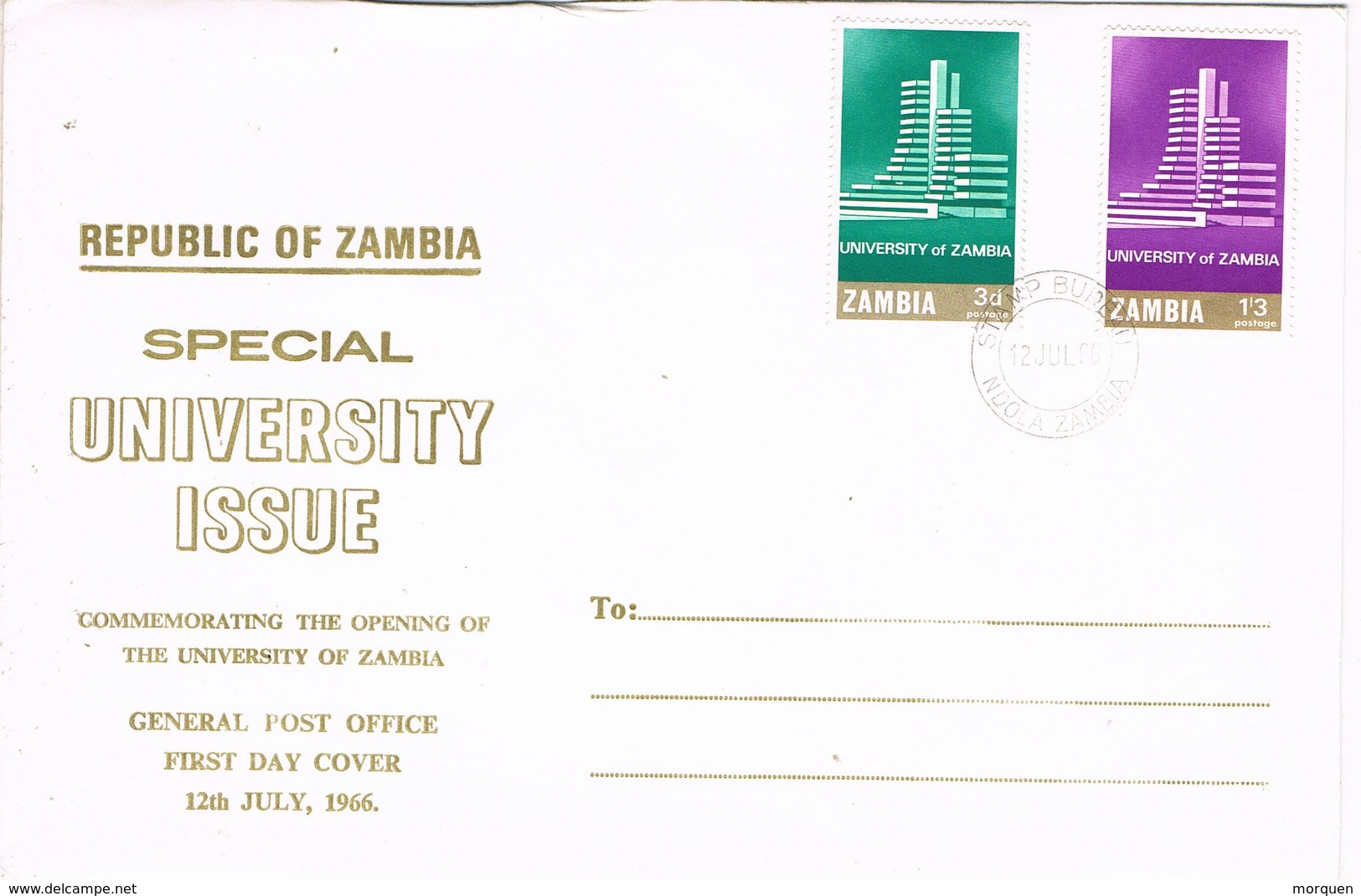 33061. Carta F.D.C. NDOLA ZAMBIA 1966. University Issue - Zambia (1965-...)