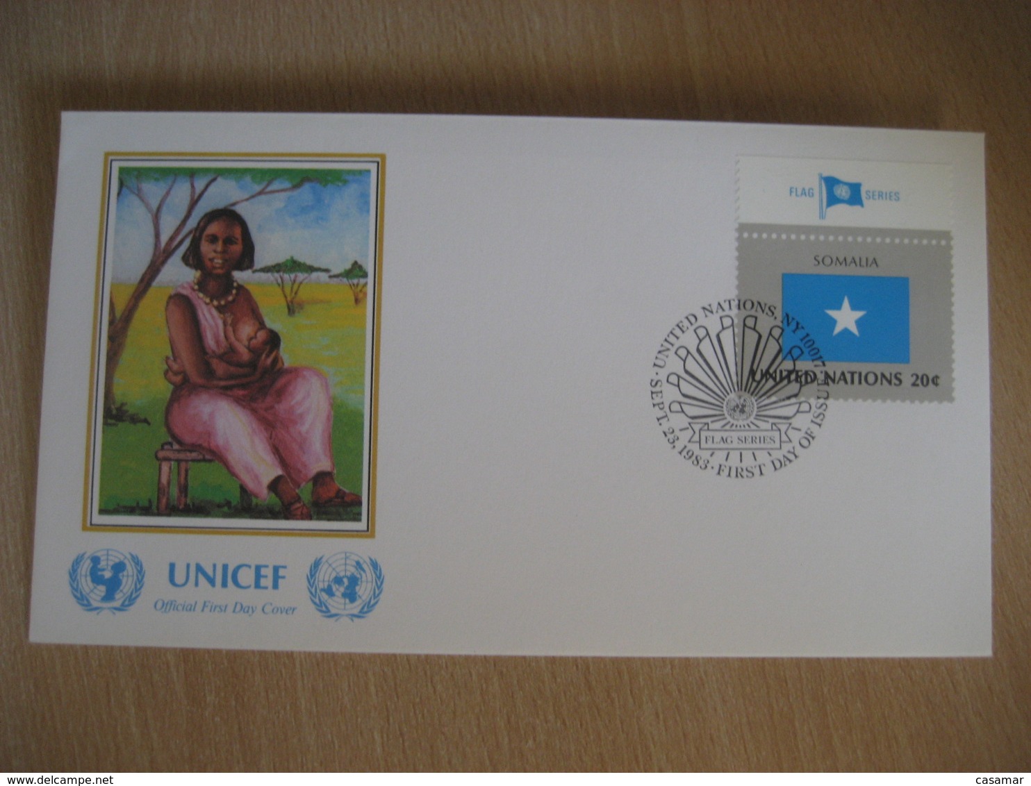 NEW YORK 1983 UNICEF Flag Stamps A. M. Sheekh Painting FDC Cancel Cover SOMALIA United Nations USA - Somalia (1960-...)