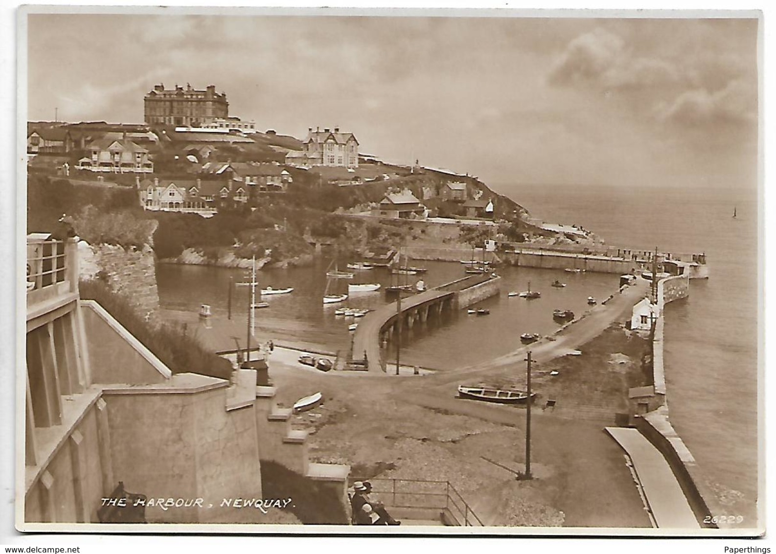 Real Photo Postcard, Cornwall, Newquay Harbour. Boats, Bridge, Cliffs, Houses. - Newquay