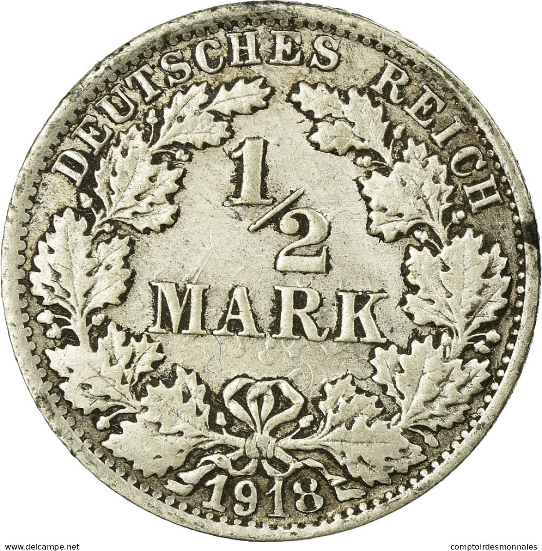 Monnaie, GERMANY - EMPIRE, 1/2 Mark, 1918, Stuttgart, TB, Argent, KM:17 - 1/2 Mark