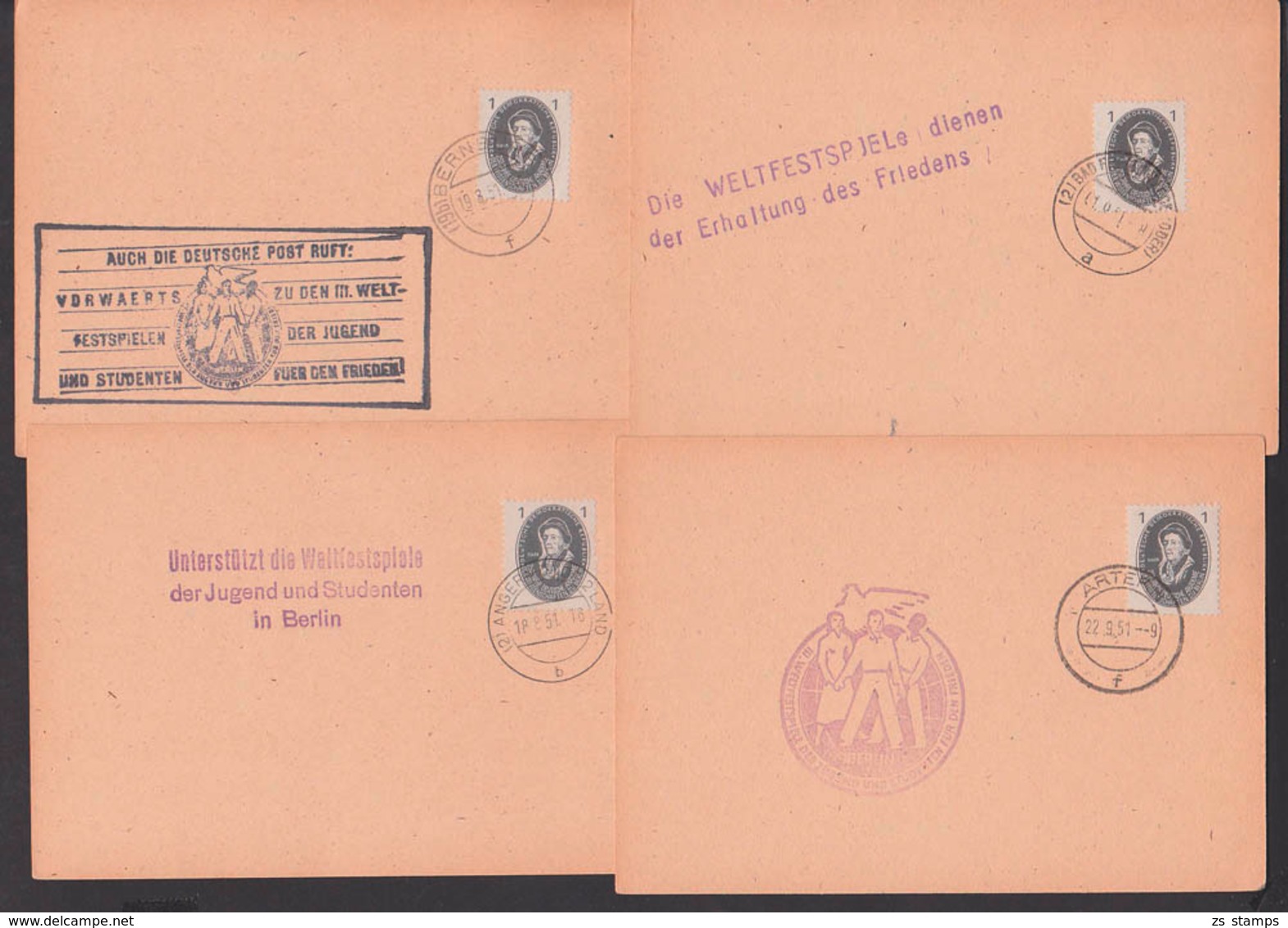 Propaganda-Stempel Weltfestpiele Der Jugend Und Studenten Berlin Artern. Angermünde Bernsbach Mit 1 Pf. EULER - Lettres & Documents