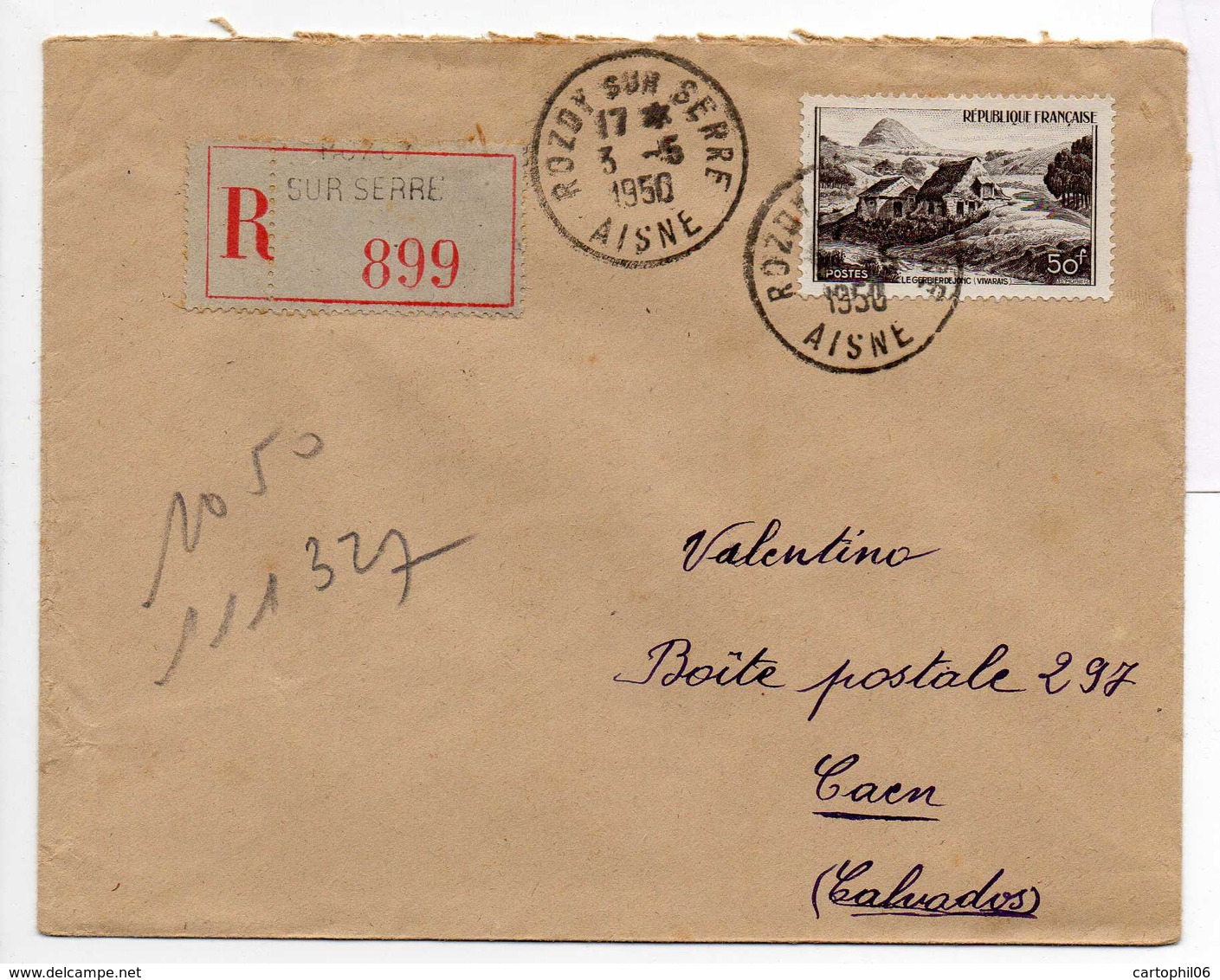 - Lettre Recommandée ROZOY-SUR-SERRE (Aisne) Pour CAEN (Calvados) 3.5.1950 - - 1921-1960: Modern Period