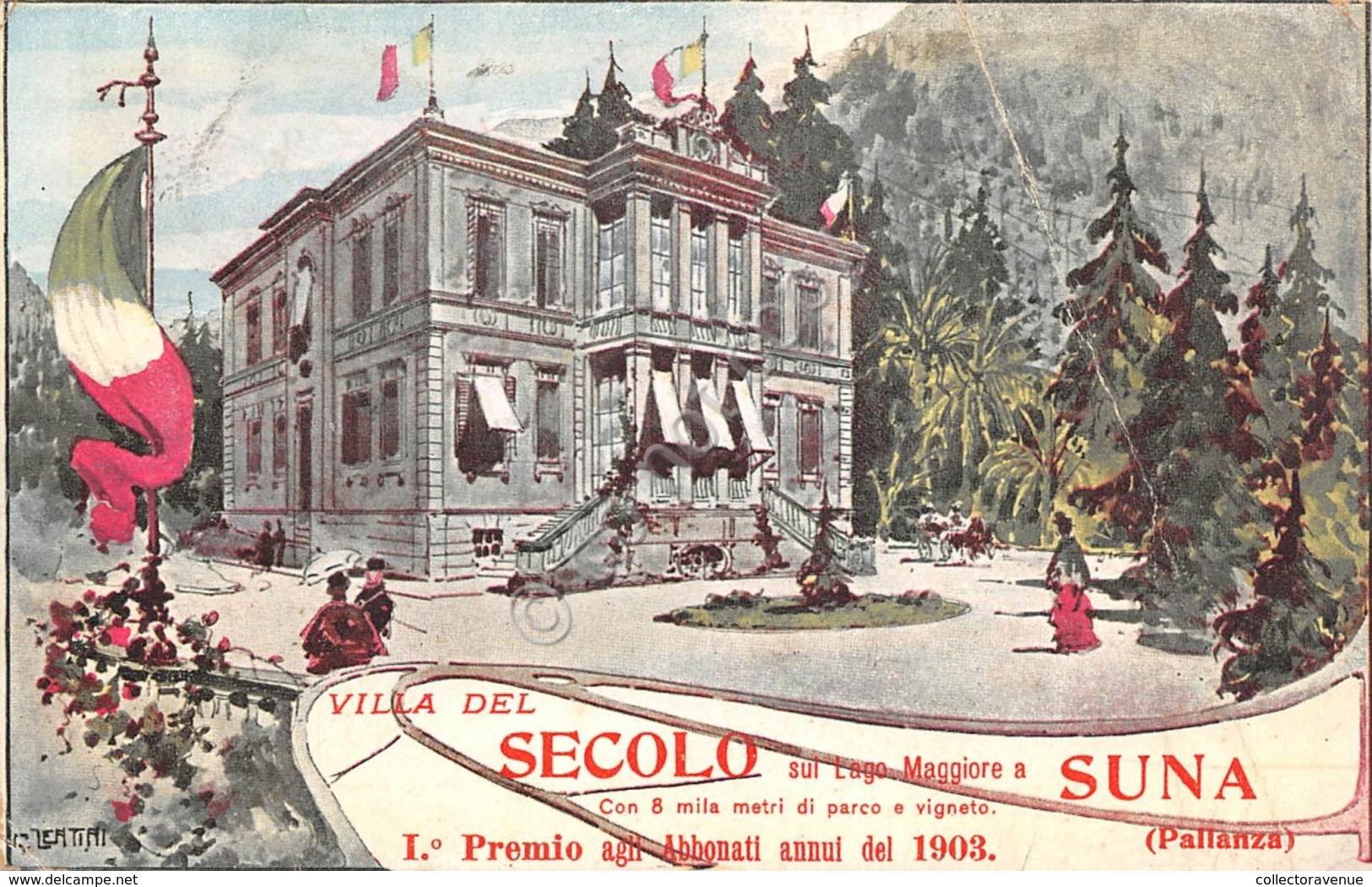 Cartolina Suna Verbania Villa Del Secolo Illustrata Primi '900 Piega - Verbania