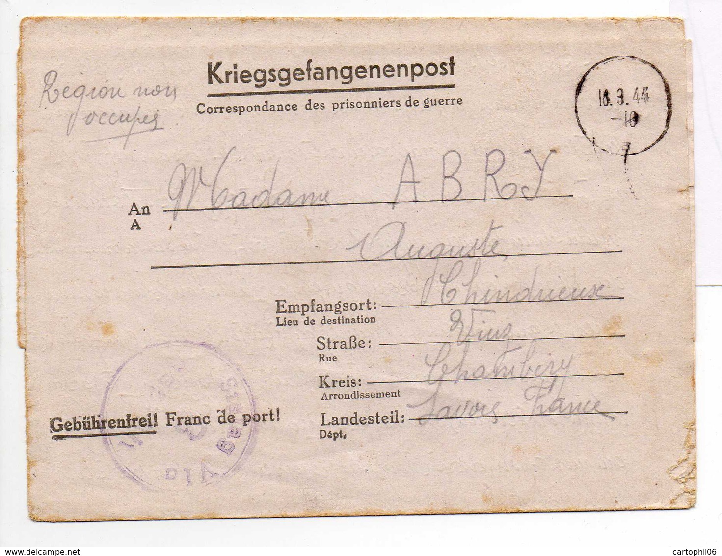 - Lettre STALAG VI C Pour CHINDRIEUX (Savoie) 5.3.1944 - A ETUDIER - - WW II