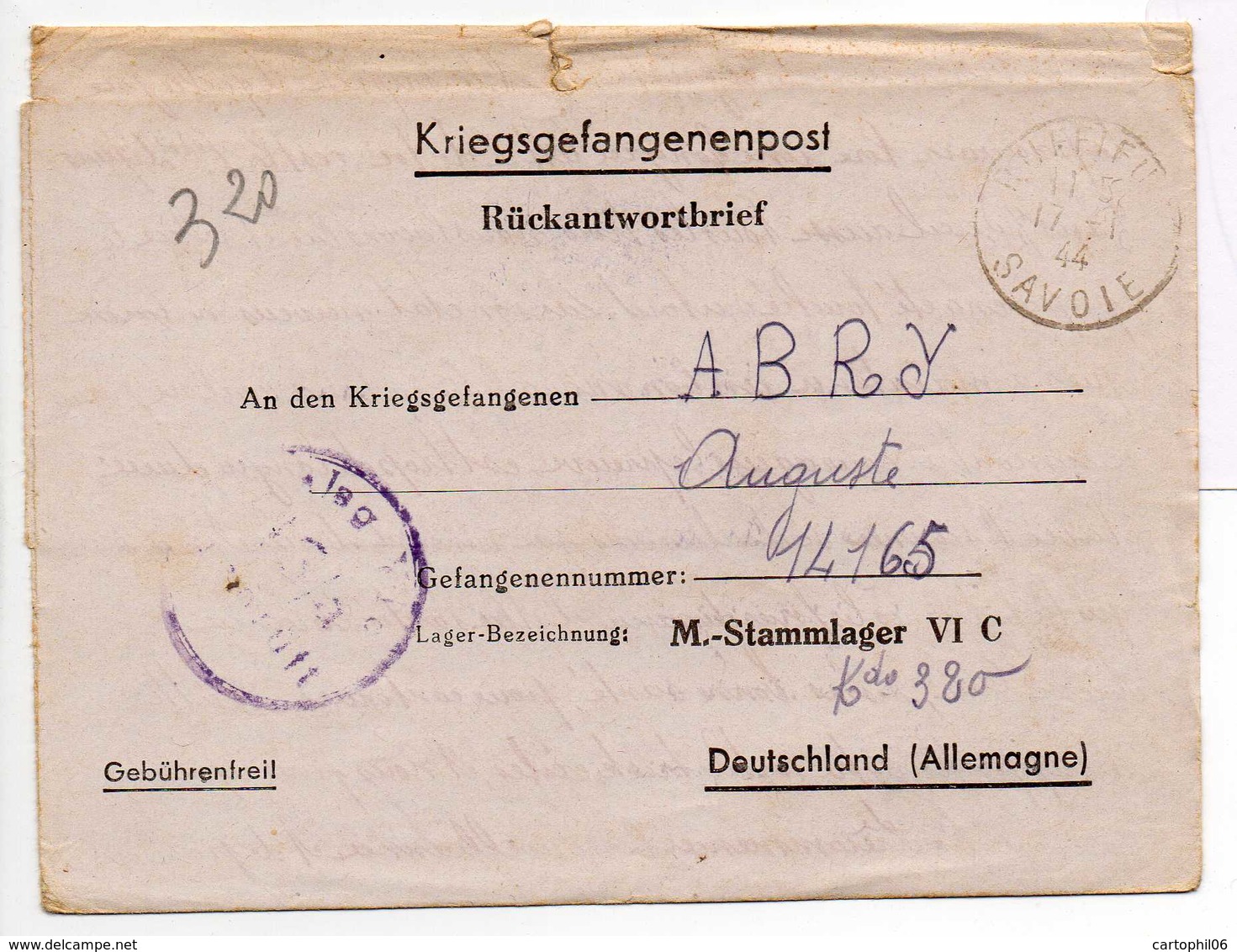 - Lettre STALAG VI C 13/a Pour RUFFIEUX (Savoie) 16.1.1944 - A ETUDIER - - 2. Weltkrieg 1939-1945