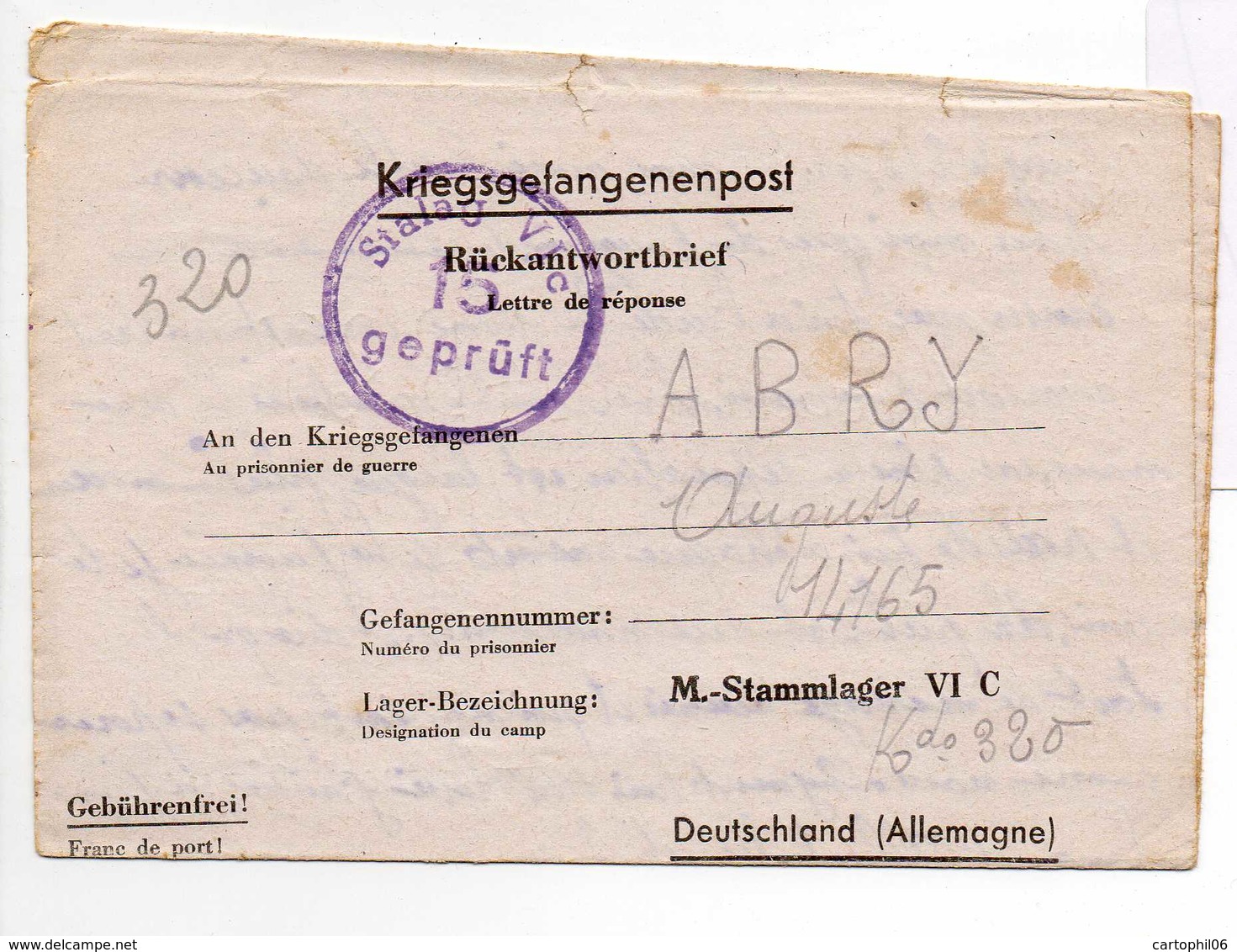 - Lettre STALAG VI C 15 Pour CHINDRIEUX (Savoie) 8.3.1944 - A ETUDIER - - 2. Weltkrieg 1939-1945