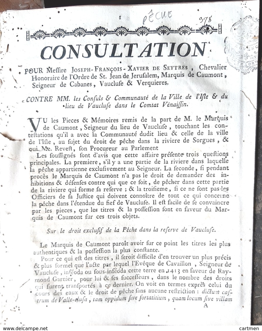 84 ISLE SUR LA SORGUE CAUMONT PECHE EXCLUSIVITE DU DROIT DE PECHE DU MARQUIS DE CAUMONT 1770 - Documents Historiques