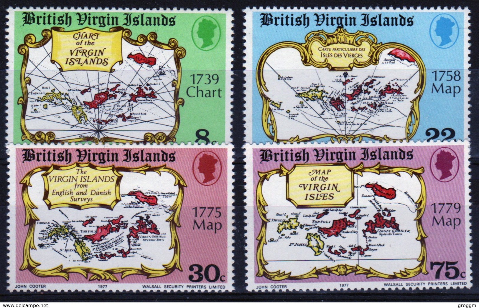 British Virgin Islands 1977 Queen Elizabeth Full Set Of Stamps Celebrating 18th Century Maps. - British Virgin Islands