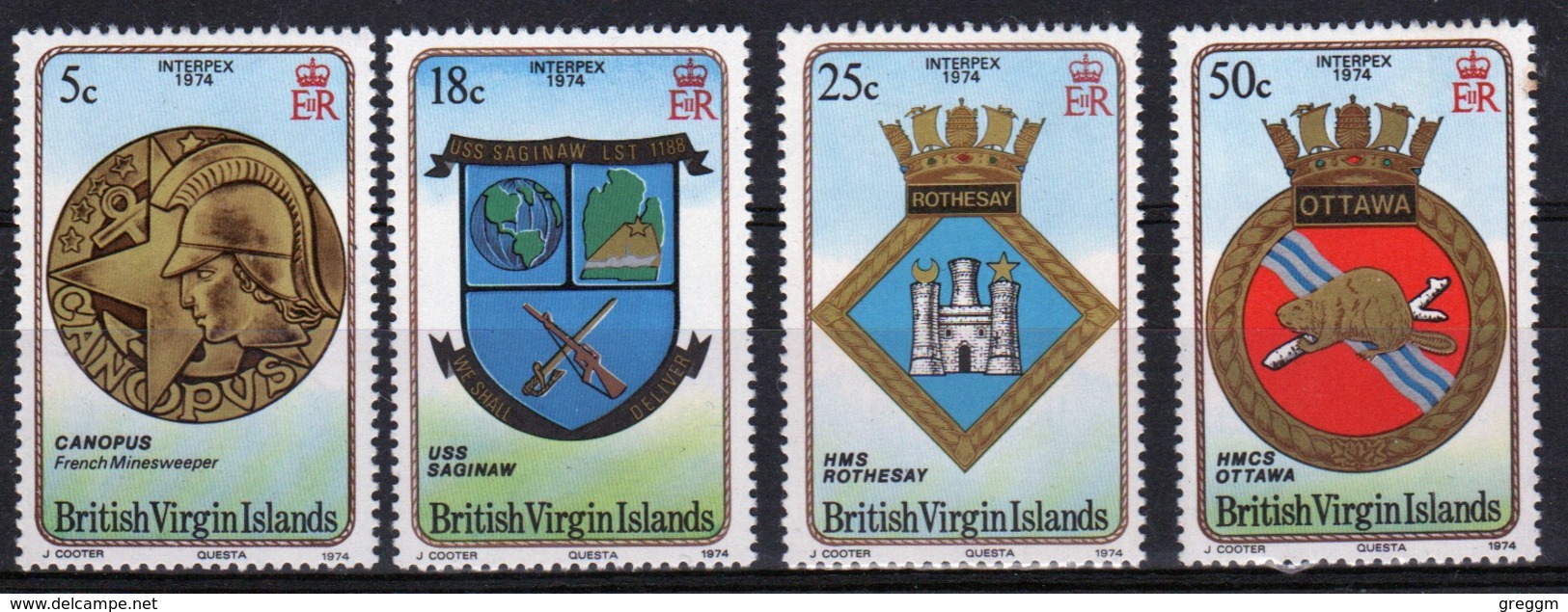 British Virgin Islands 1974 Queen Elizabeth Full Set Of Stamps Celebrating Interpex (Naval Crests). - British Virgin Islands