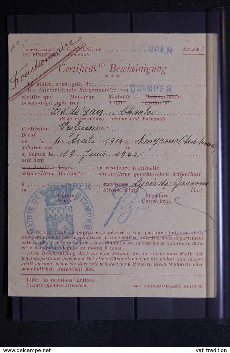 FRANCE - Certificat De La Mairie De Quimper De Domicile En 1942 - L 31414 - Collections