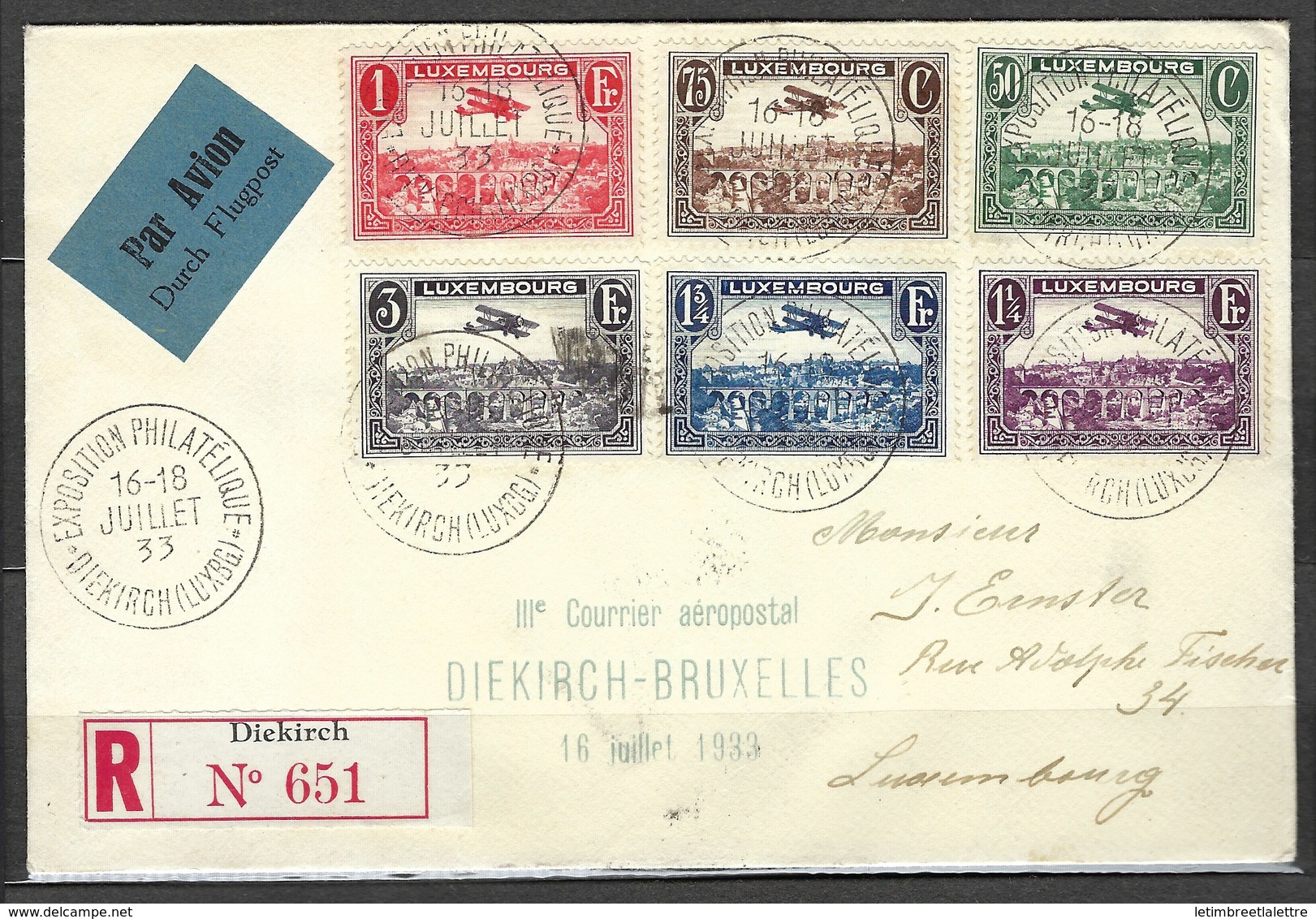 Troisième Courrier Aéropostal Diekirch - Bruxelles Le 16 Juillet 1933, Avec Vignette Au Verso TB - Lettres & Documents