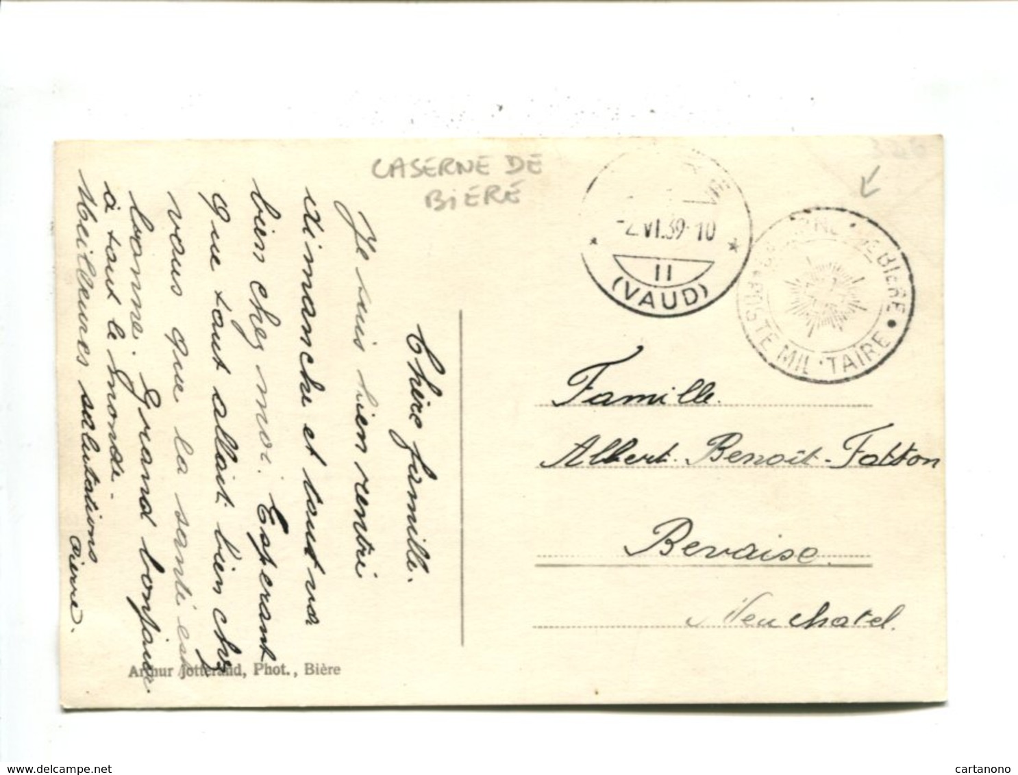 SUISSE - 1939 - Poste Militaire - Caserne De Biere - Postmark Collection