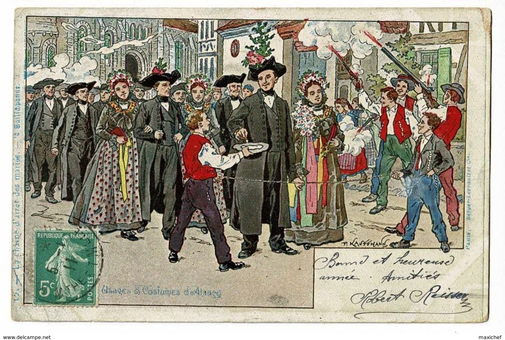 Carte Illustrée P Kauffmann - Usages & Coutumes D'Alsace - La Chaîne D'arrêt Des Mariés - Circulé 1911 - Kauffmann, Paul