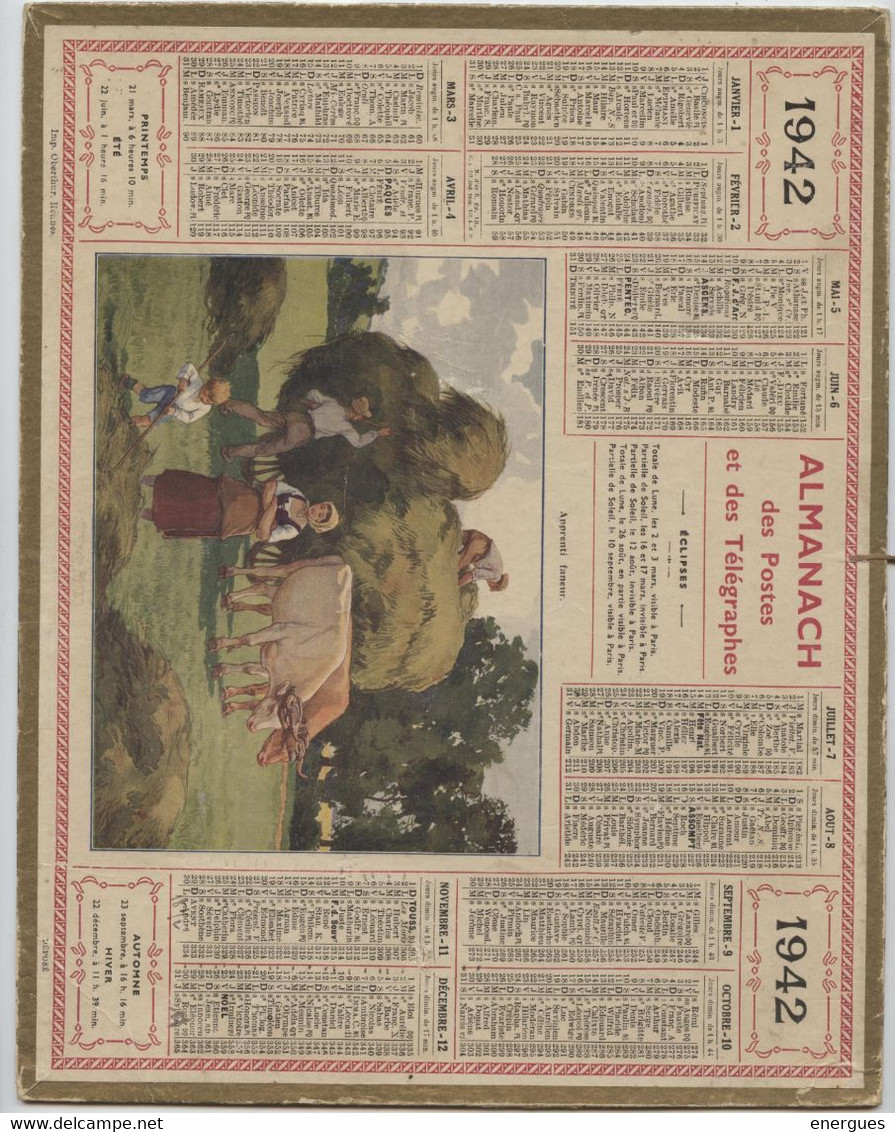 Almanach Des Postes, 1942 ,apprenti Faneur, Fenaison,département,Haute Marne,Chaumont,Langres, Colombey - Grand Format : 1921-40
