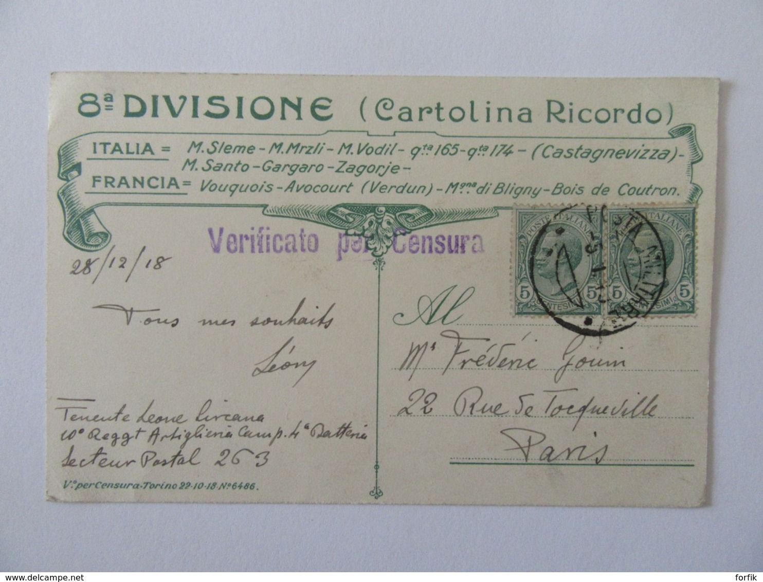 Italie Vers France - CPA Patriotique 8e Divisione Di Fanteria (8e Division Infanterie) - Censure - Le 28 Décembre 1918 - Patriottiche