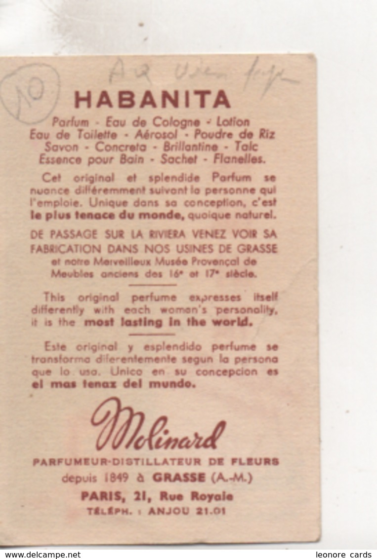 Vieux Papiers.publicité Parfum.Molinard.Habanita.carte 9 X 6 Cm - Autres & Non Classés