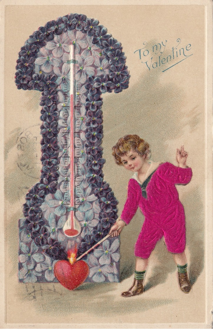 VALENTINE'S DAY, PU-1910; Child Lighting Red Heart At Bottom Of Violet Flower Thermometer - Valentine's Day