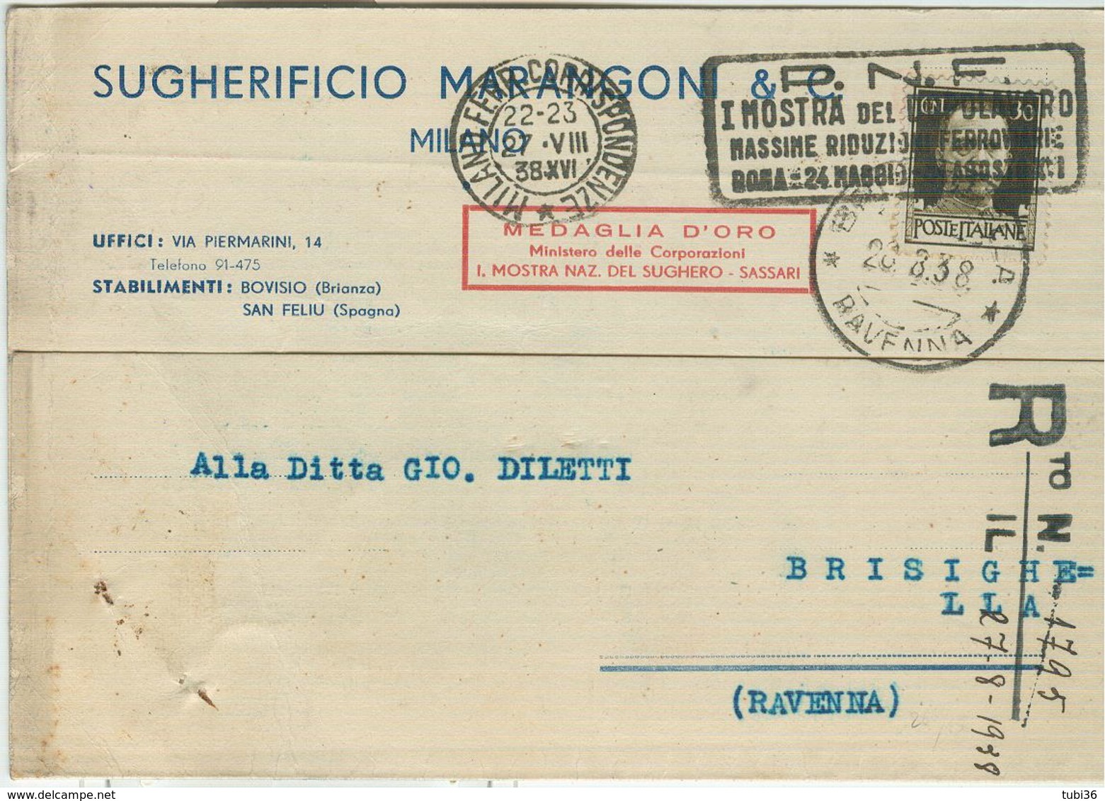 MARANGONI SUGHERIFICIO-MILANO,C.P. COMMERCIALE,1938,TIMBRO POSTE MILANO TARGHETTA" P.N.F.,I MOSTRA DEL DOPOLAVORO....... - Altri & Non Classificati