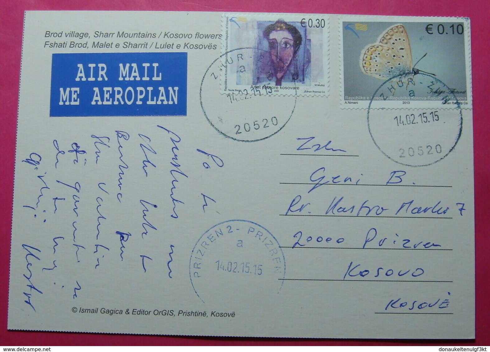 KOSOVO Airmail Postcard From ZUR To PRIZREN. 2015, RARE - Kosovo