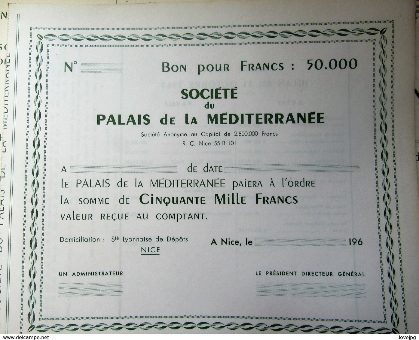 Un Bon Société Du Palais De La Méditerranée NICE 1964 - Casino