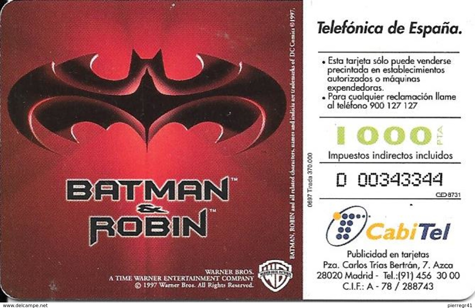 CARTE-PUCE-ESPAGNE-1997-GEM-FILM BATMAN And ROBIN-Utilisé-TBE - Cinéma