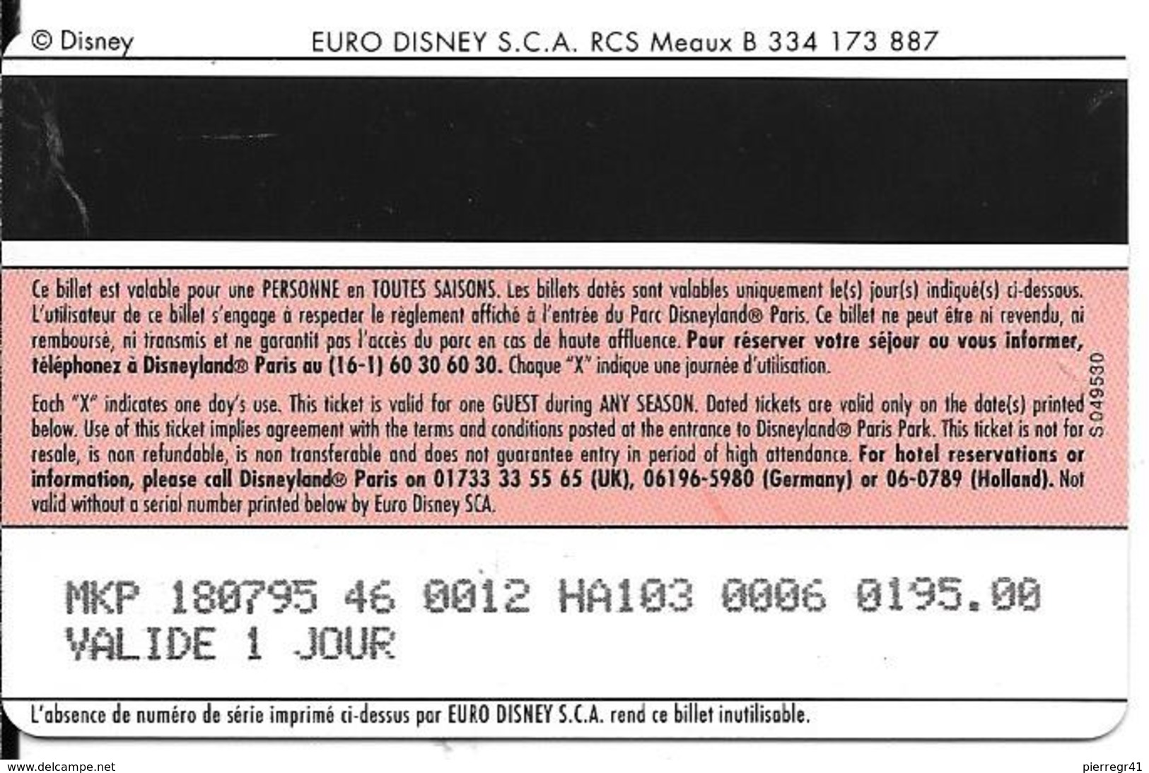PASS-DISNEYLANDPARIS -1996-SPACE MOUNTAIN-ADULTE-V° N° S 049530 VERTICAL A Droite- Valide 1 Jour/-TBE- - Disney-Pässe