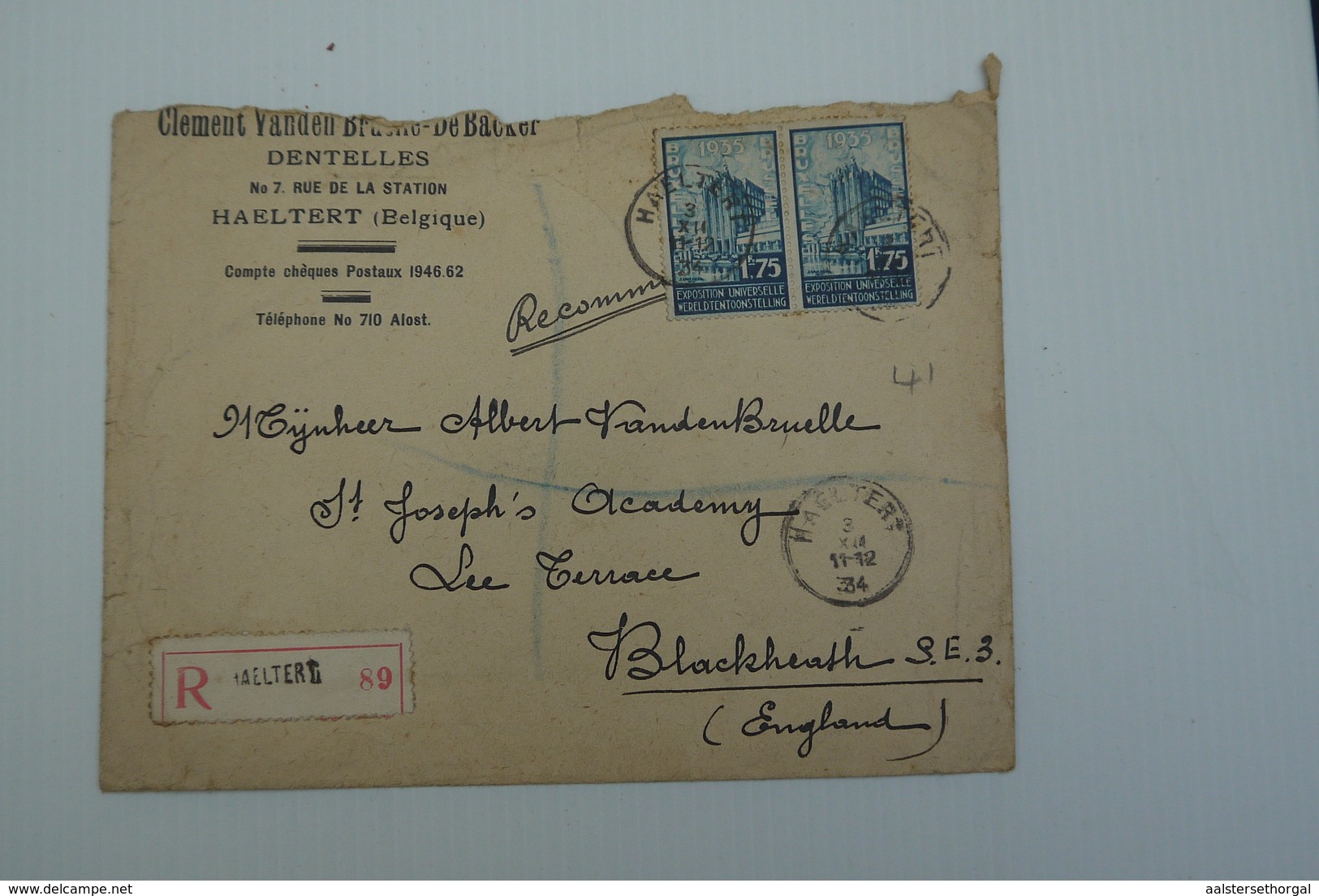 Haaltert Aalst Recommandée 1934 Met Inhoud Kantwerker Dentelles Zeldzame Wasstempel Vdbdb Van Den Bruelle - Enveloppes