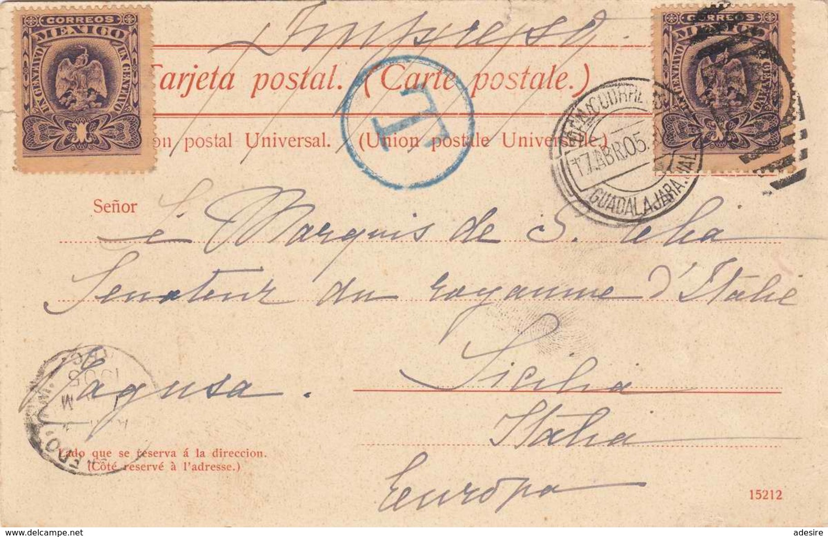 RAR!!! Guadalajara (Mexiko) Cargando Cana - Orig.Karte Gel1905 Stempel Guadalajara, 2 Marken, Nachportostempel, Unikat - Mexiko