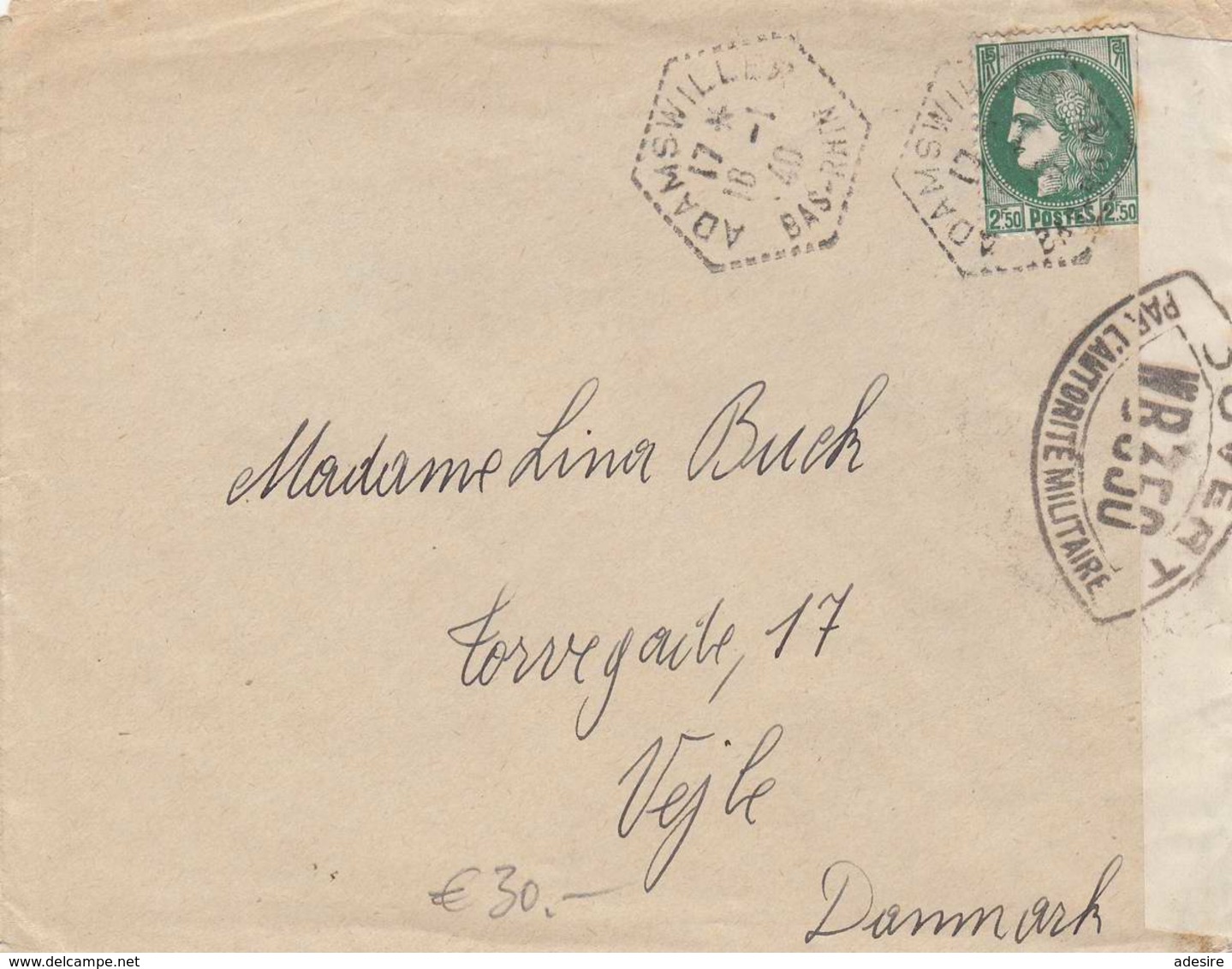 RRR! FRANKREICH - 2,5 F Auf Brief Gel.v.Adamswiller Bas.Rhin > Vejle, 2 Zensurstempel Ouvert Par L'Autoritè Mi... - Briefe U. Dokumente