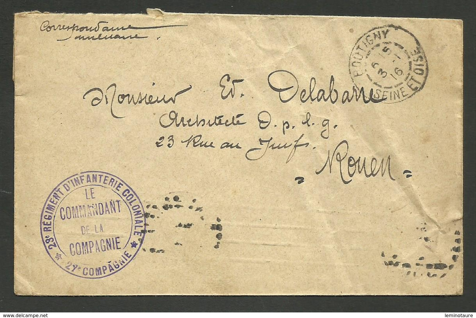 Cachet " 23ème Régiment Infanterie Coloniale - 27ème Cie " / BOUTIGNY - ESSONNE 1916 - WW I