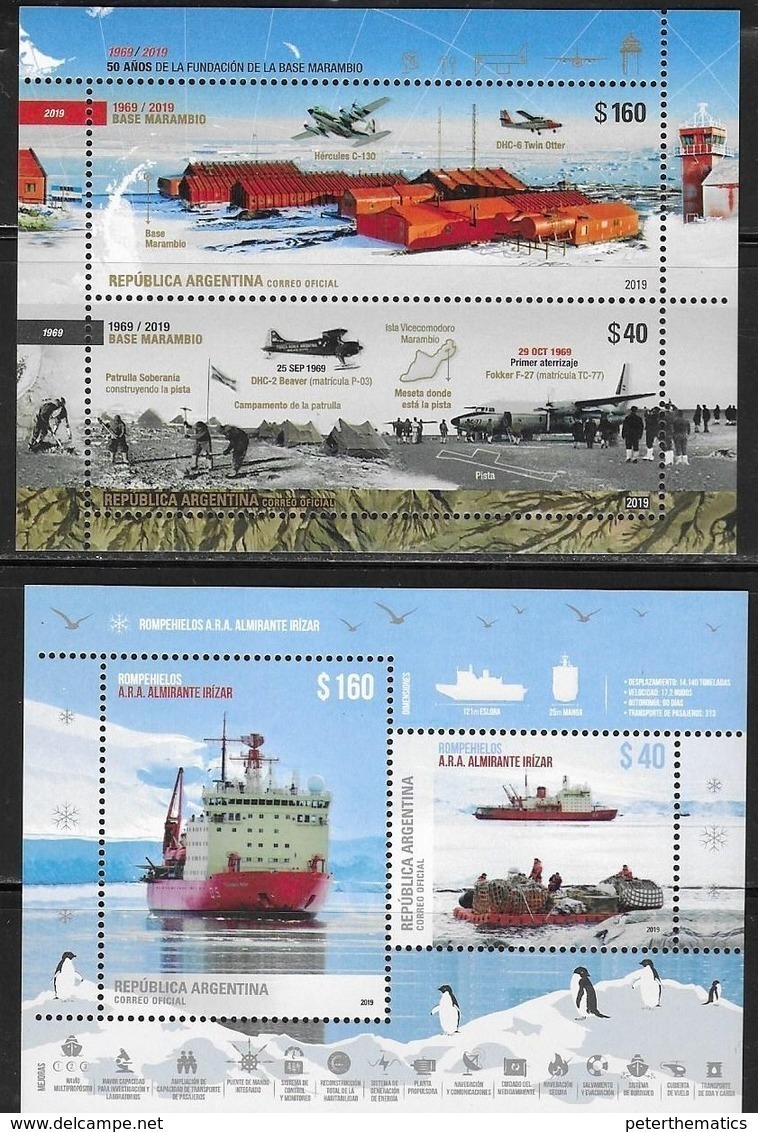 ARGENTINA, 2019, MNH, ANTARCTIC, SHIPS, PLANES, BASES, BIRDS, PENGUINS, 2 EMBOSSED S/SHEETS - Other & Unclassified