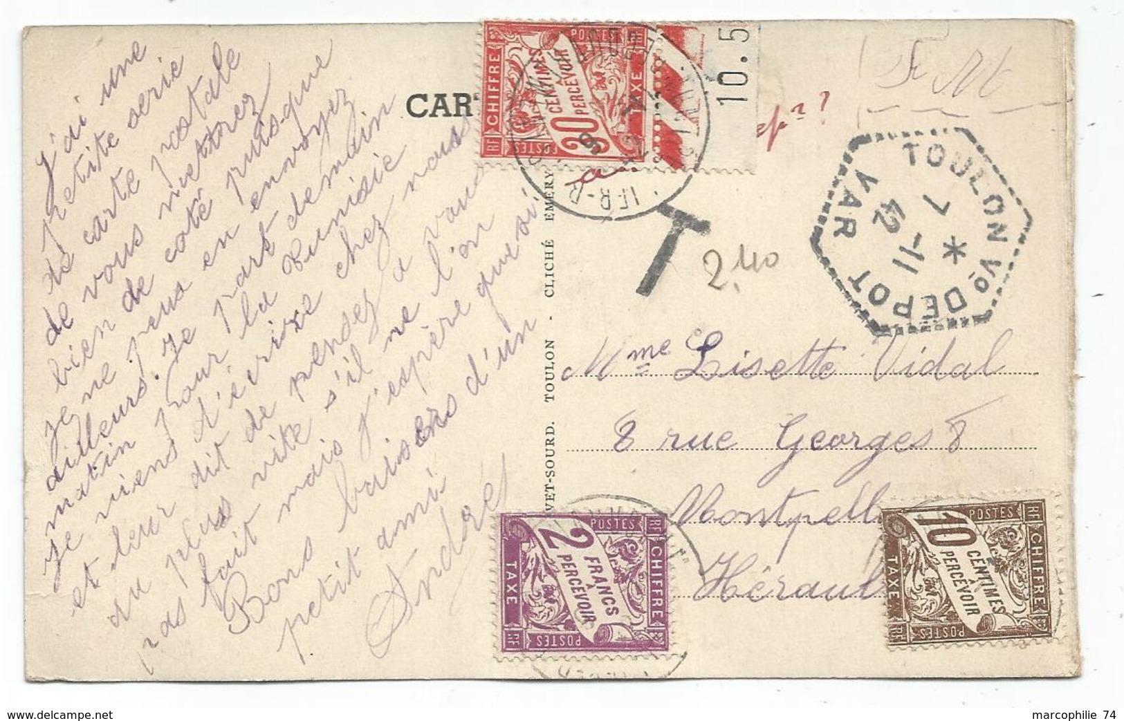 CARTE FM   C. HEX PERLE TOULON V° DEPOT 7.11.1942 POUR MONTPELLEIR TAXE 2FR+10C+30C RARE - Poste Navale