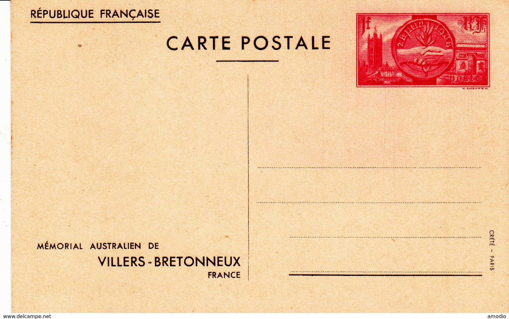 Entier Postal  400-CP2 N** Mémorial Australien Villers Bretonneux - Standard Postcards & Stamped On Demand (before 1995)