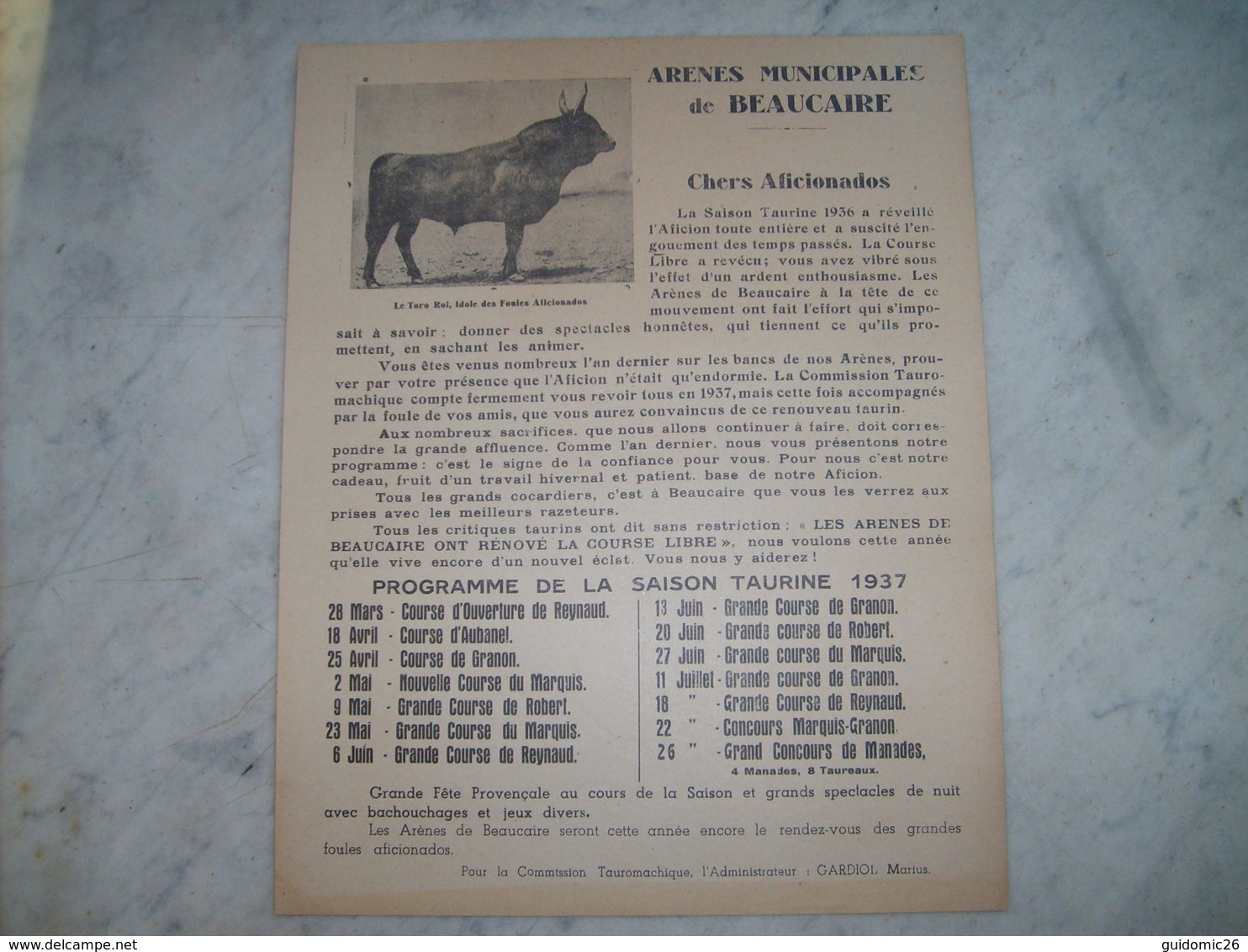 Arenes De Beaucaire Course Camarguaise Programme Saison Taurine 1937 Manades Reynaud,marquis Baroncelli,aubanel Granon. - Affiches