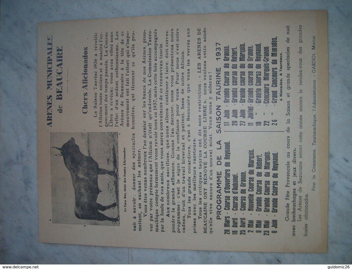 Arenes De Beaucaire Course Camarguaise Programme Saison Taurine 1937 Manades Reynaud,marquis Baroncelli,aubanel Granon. - Posters