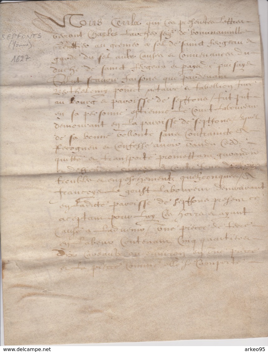 Acte De Vente Sur Parchemin D'une Terre à Septfonds (Yonne), 1627 - Manuscrits