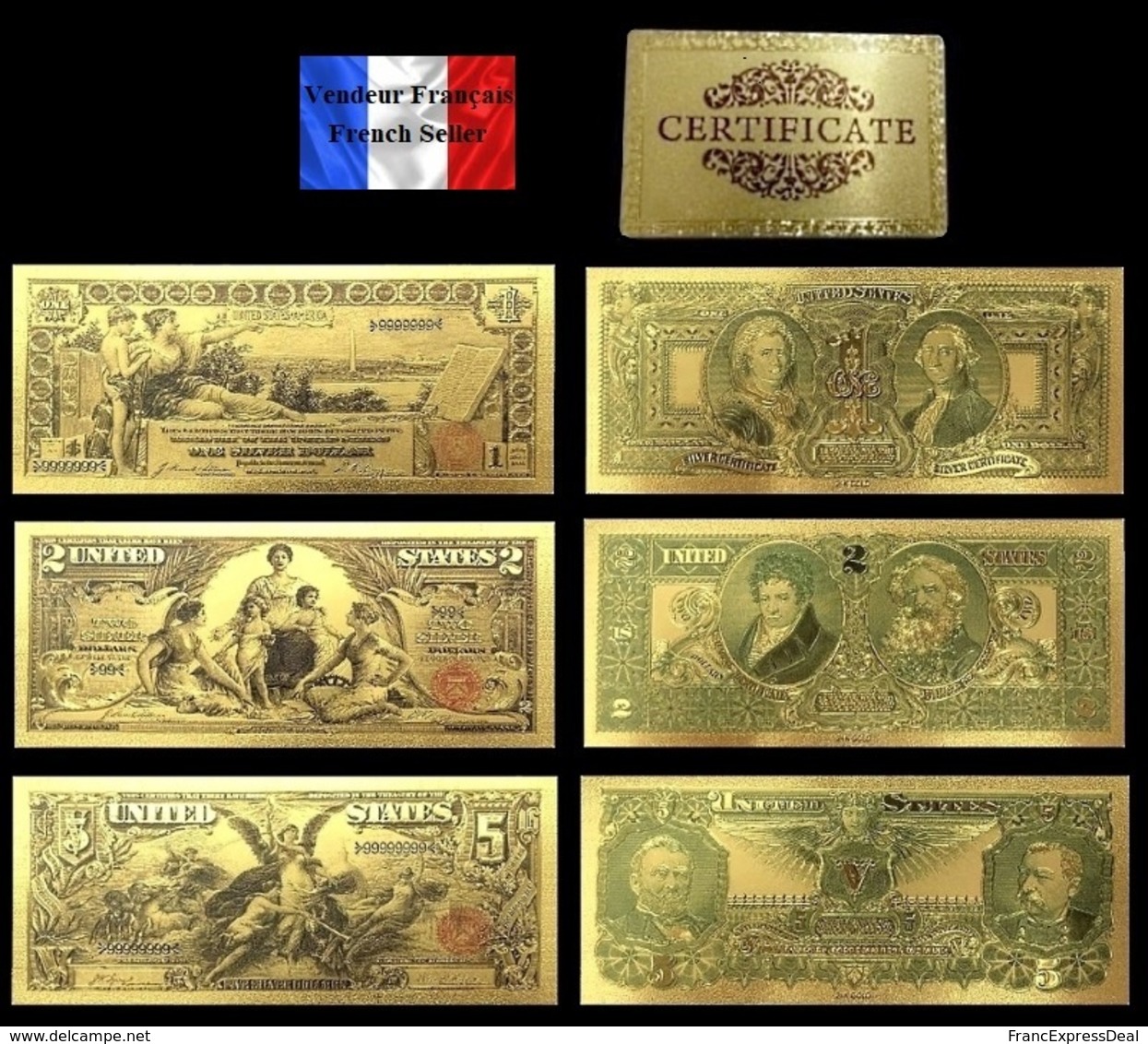 Set De 3 Billets Plaqués OR Couleur + 1 Certificat ! ( Color GOLD Plated Banknotes ) -  Etats-Unis USA Dollars De 1896 - Autres & Non Classés