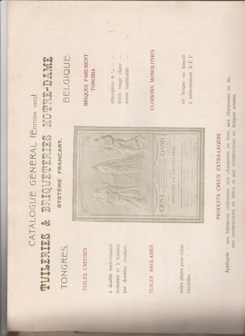 Catalogue  1922 ,Tuilerie Briqueterie Notre-Dame Tongres Tongeren ,Système Francart (progrès Réalisé Dans L'art De Batir - Artesanos