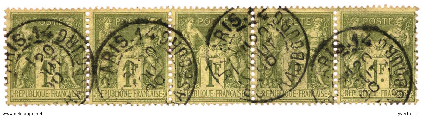 France : N°82 Obl. TB. 1 Fr. Olive Clair. Bande De 5 Horizontale. - Sonstige & Ohne Zuordnung