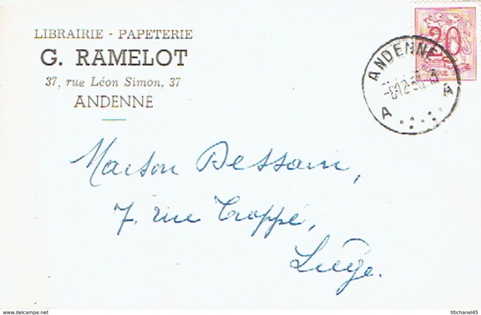 CP Publicitaire ANDENNE 1953 - G. RAMELOT - Librairie - Papeterie - Andenne