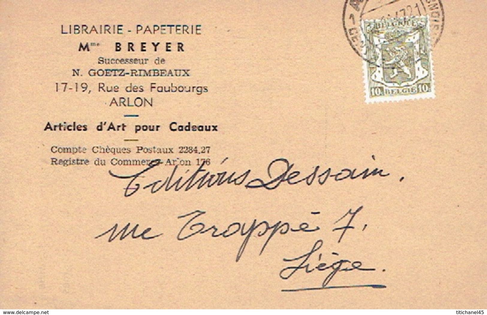 CP Publicitaire ARLON 1947 - Mme BREYER - Librairie - Papeterie - Arlon