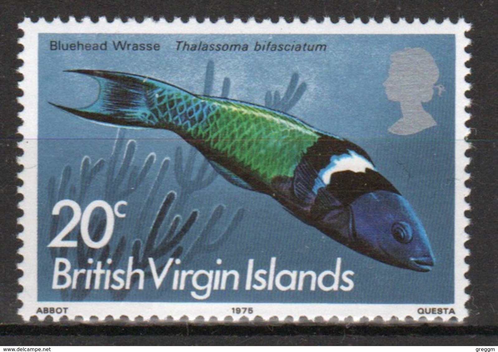 British Virgin Islands 1975 Queen Elizabeth Single 20c Stamp From The 1975 Definitive Fish Set. - British Virgin Islands