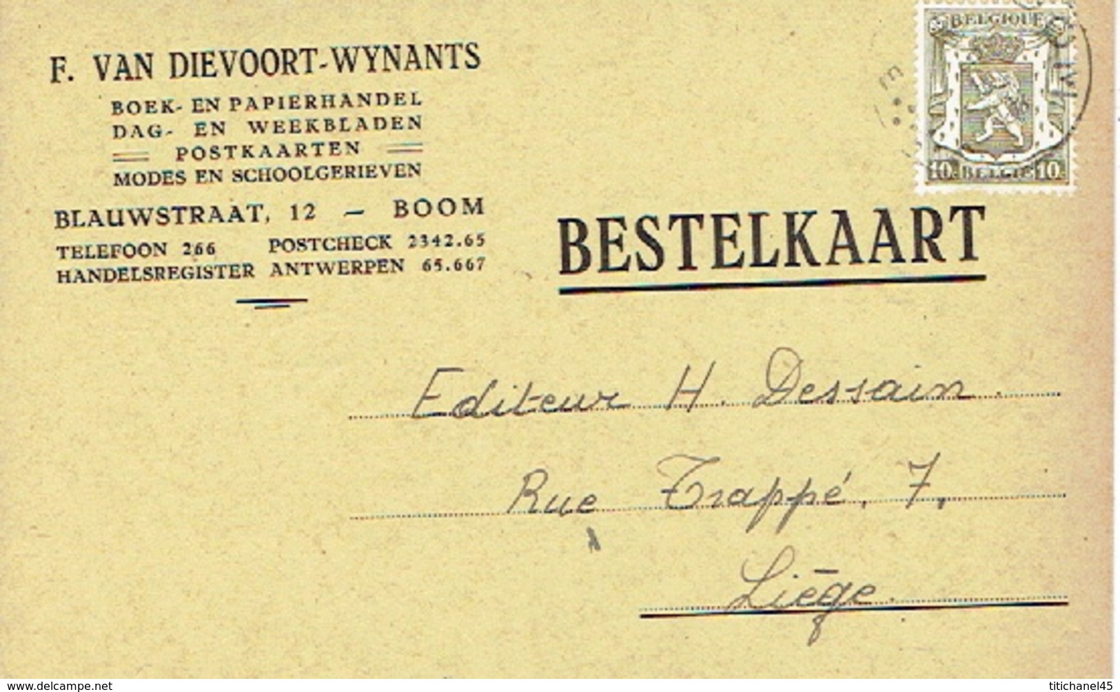 Postkaart Publicitaire BOOM 1947 - F. VAN DIEVOORT-WYNANTS - Boek- En Papierhandel - Boom